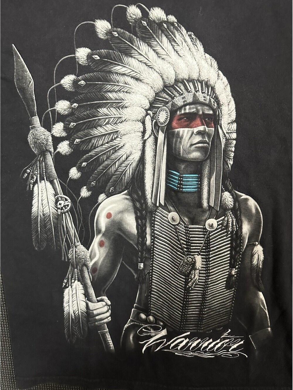 DGA Warrior Graphic T Shirt Mens Large Black Native American Bear Back Hit Y2K